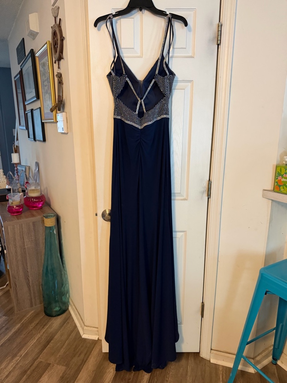 Elegant Navy Beaded Spaghetti Strap Evening Dress - Picture 2 of 5